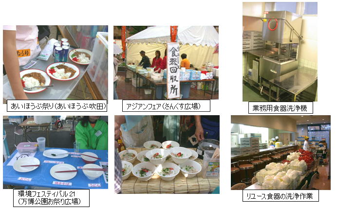 各地のイベントごみゼロの様子と食器洗浄機と洗浄作業の様子