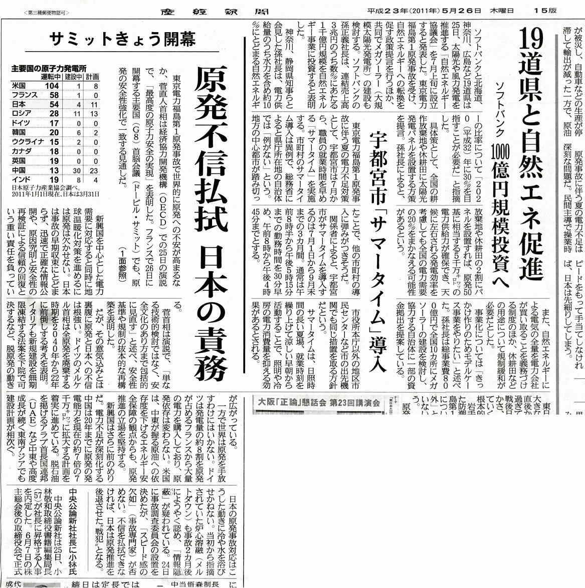 新聞記事　ソフトバンク地自体と協力して太陽光投資表明