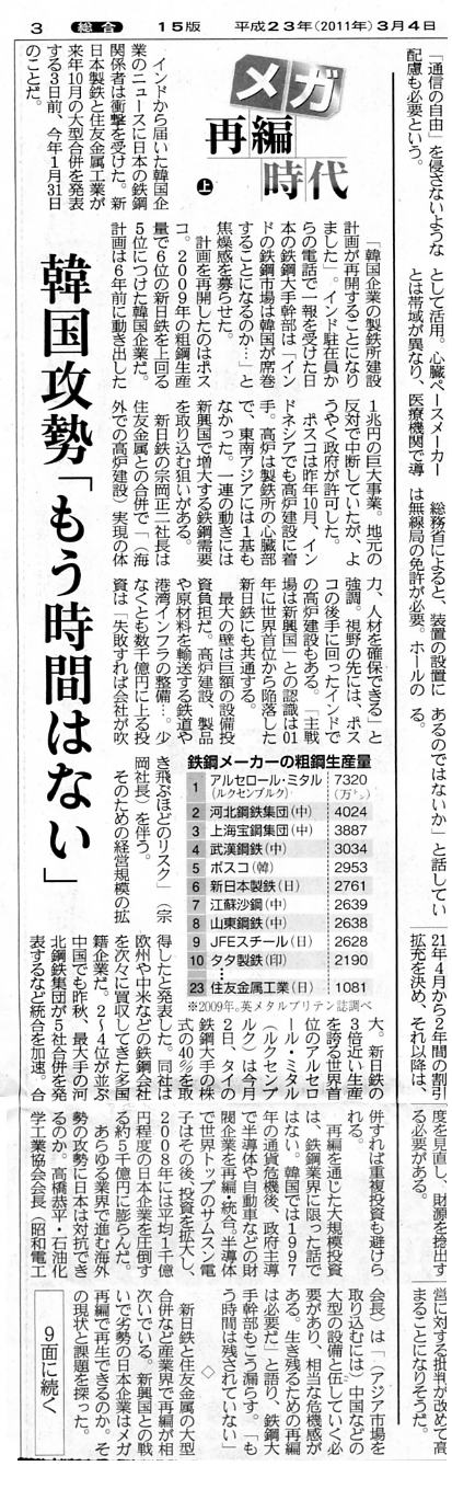 新聞記事 鉄鋼業界世界規模順位